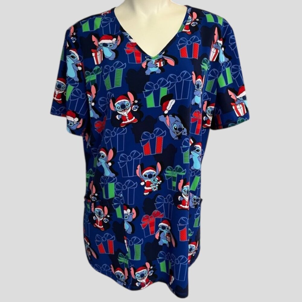Disney Stitch Christmas Blue Scrub Short Sleeve Top Size Large